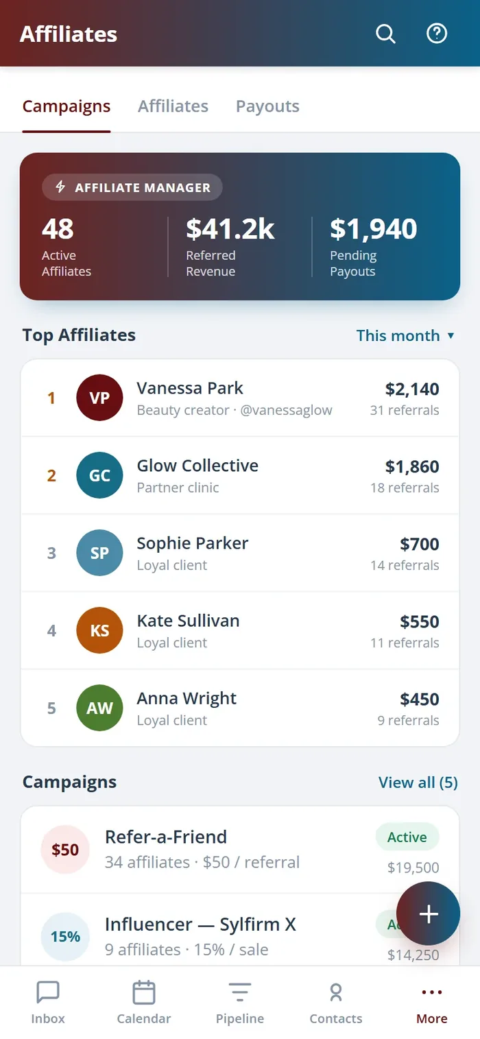 The Health Hue Hub affiliate manager on the mobile app, showing a referral summary and rewards earned.