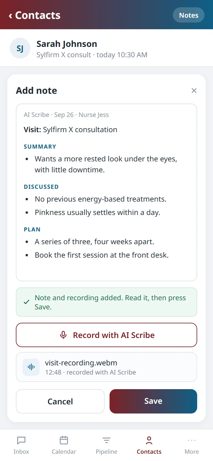 The Add note sheet on the Health Hue mobile app, with the drafted visit note and the Record with AI Scribe button.