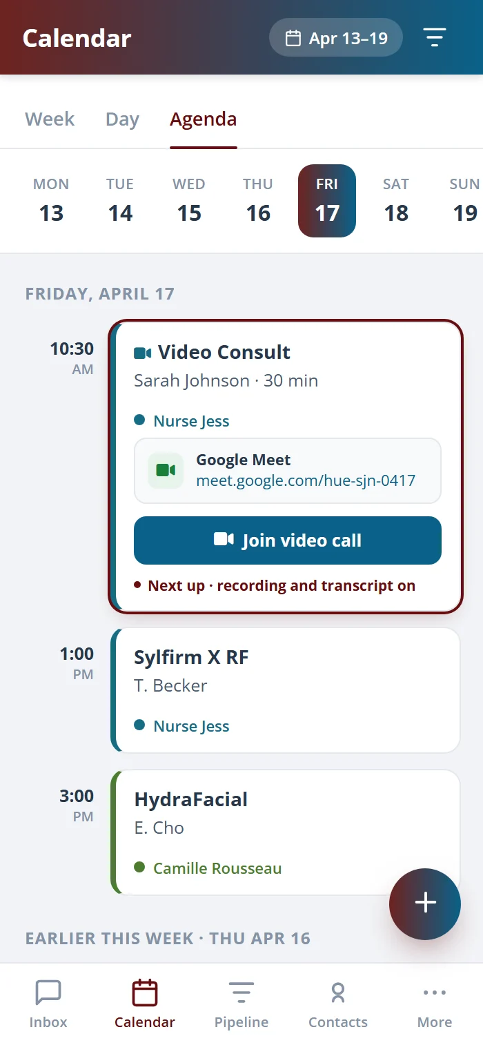 The Health Hue mobile calendar with the next appointment, a video consult with its Google Meet link and a Join video call button.