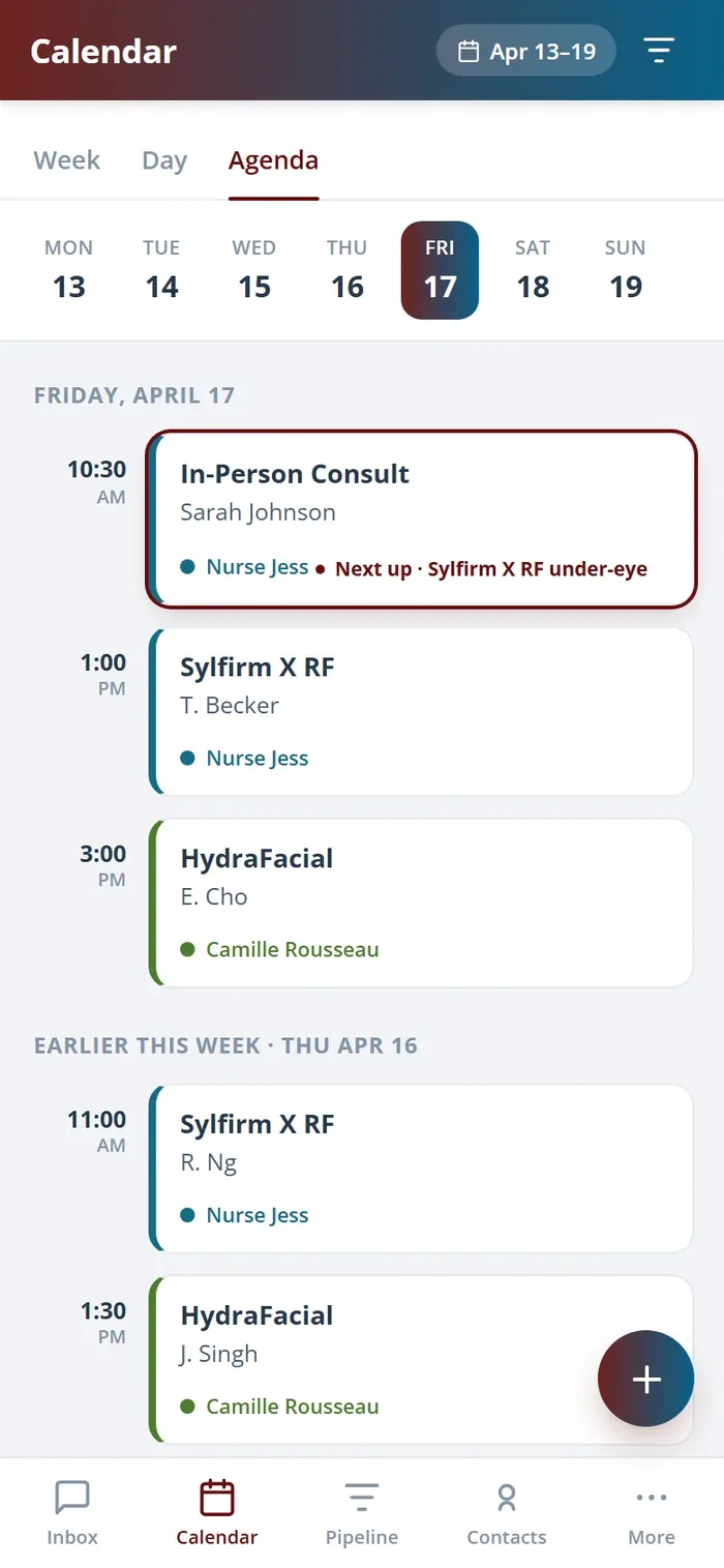 The Health Hue Hub calendar on the mobile app, showing the day&rsquo;s appointments for a clinic.