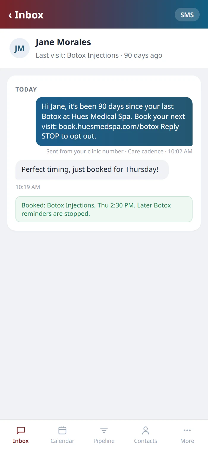 A patient conversation on the Health Hue mobile app: the Botox reminder sent by text from the clinic, Jane replying that she just booked for Thursday, and a note that later Botox reminders are stopped.