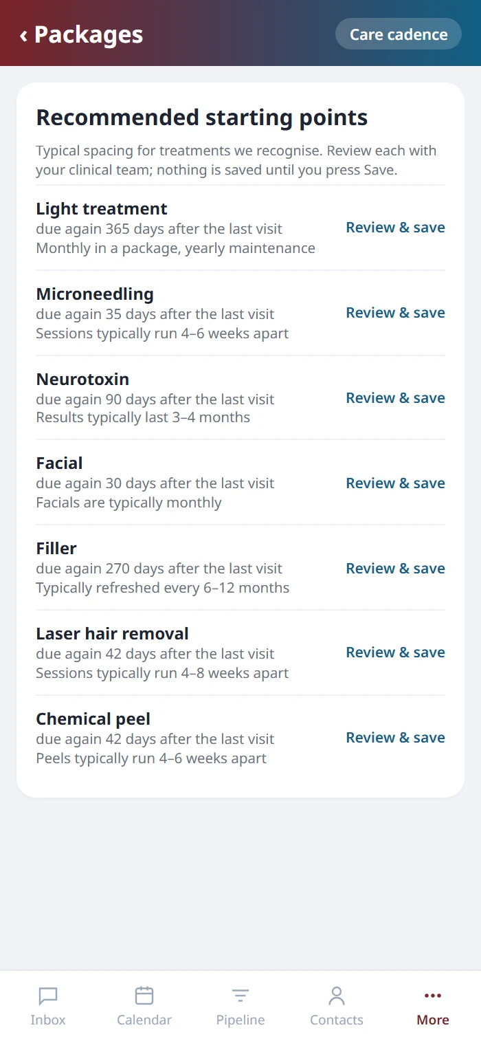 Recommended starting points on the Health Hue mobile app, listing seven treatment families with their suggested timing and a Review & save link for each.