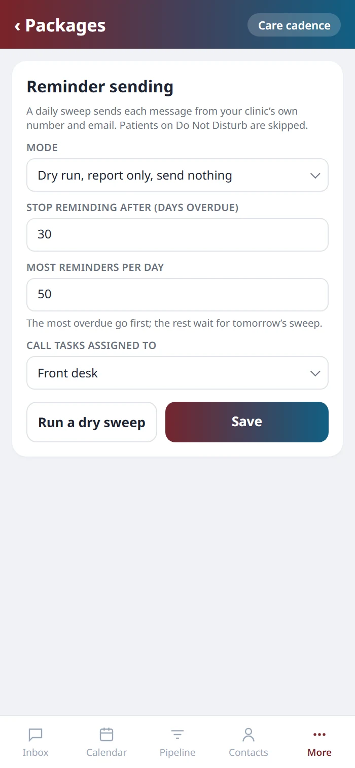 Reminder sending on the Health Hue mobile app set to dry run, with 30 days overdue, 50 reminders a day, call tasks for the front desk and a Run a dry sweep button.