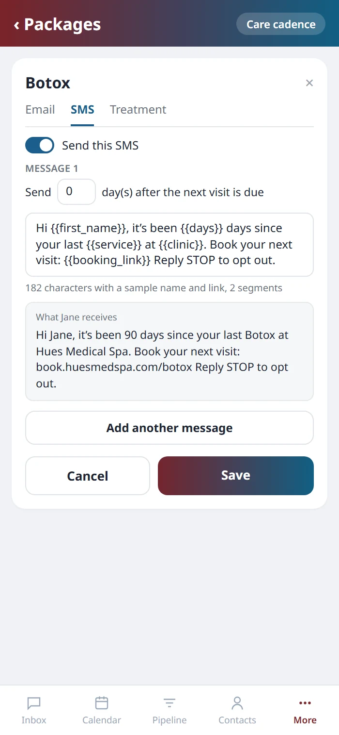 The Botox cadence text on the Health Hue mobile app, with the message, its character count and a preview of what Jane receives.