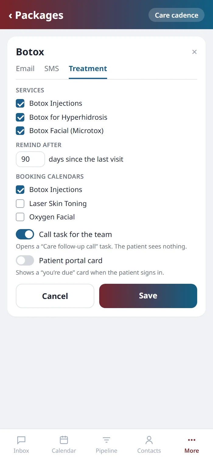 The Treatment tab of the Botox cadence on the Health Hue mobile app, with three services ticked, 90 days, one booking calendar and the call task switched on.