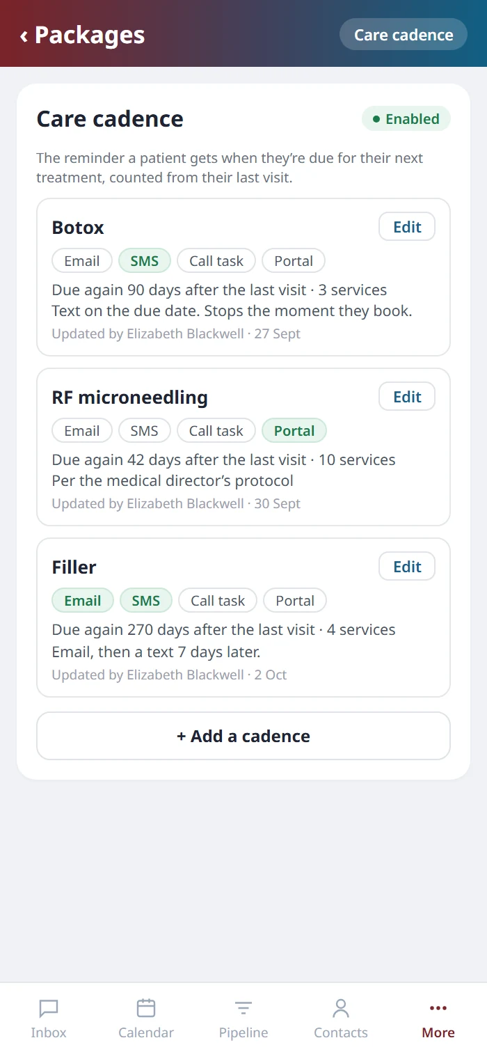 Care cadence on the Health Hue mobile app, enabled, with Botox, RF microneedling and filler cadences showing their timing and channels.