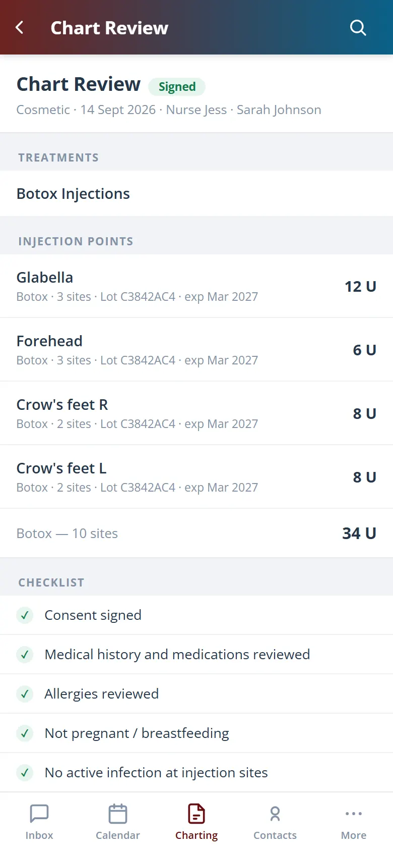 A signed chart on the Health Hue mobile app, listing each injection site with its units, lot number and expiry.