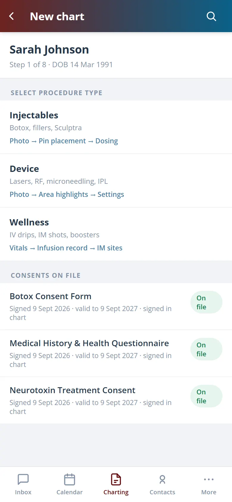 Health Hue Hub medical charting on mobile