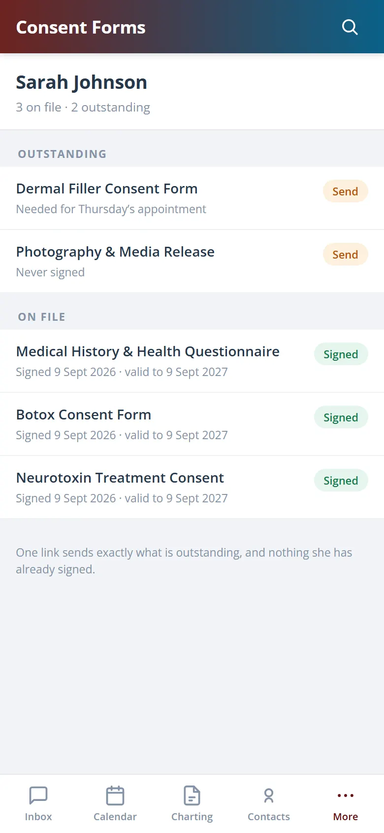 A patient's consent status on the Health Hue mobile app, with outstanding forms separated from those already signed.