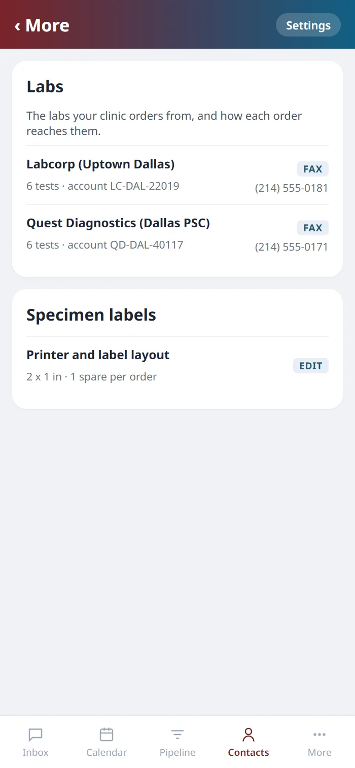 The Labs settings on the Health Hue mobile app, listing Labcorp and Quest with their account and fax numbers.