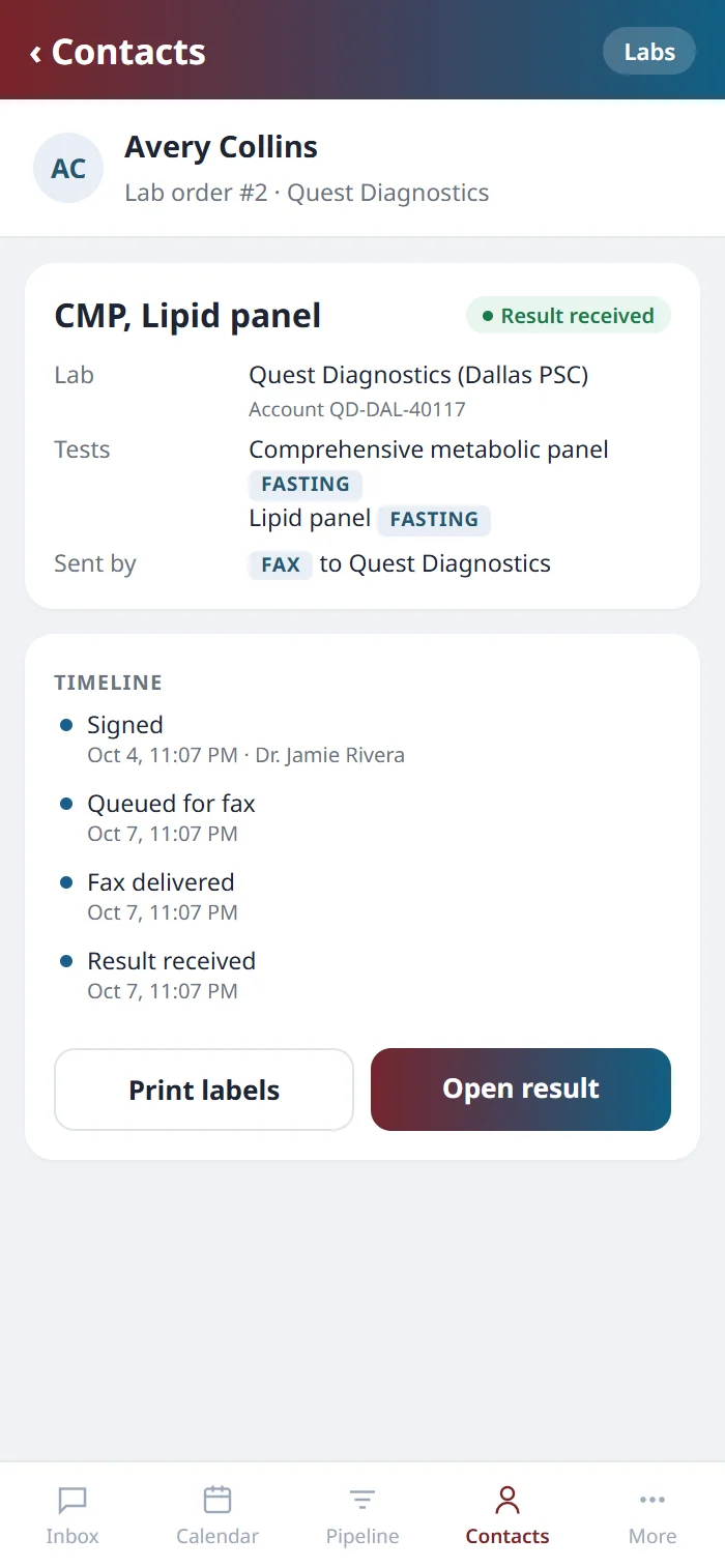 The lab order on the Health Hue mobile app, with the lab, the fasting tests, the fax route and the order timeline.