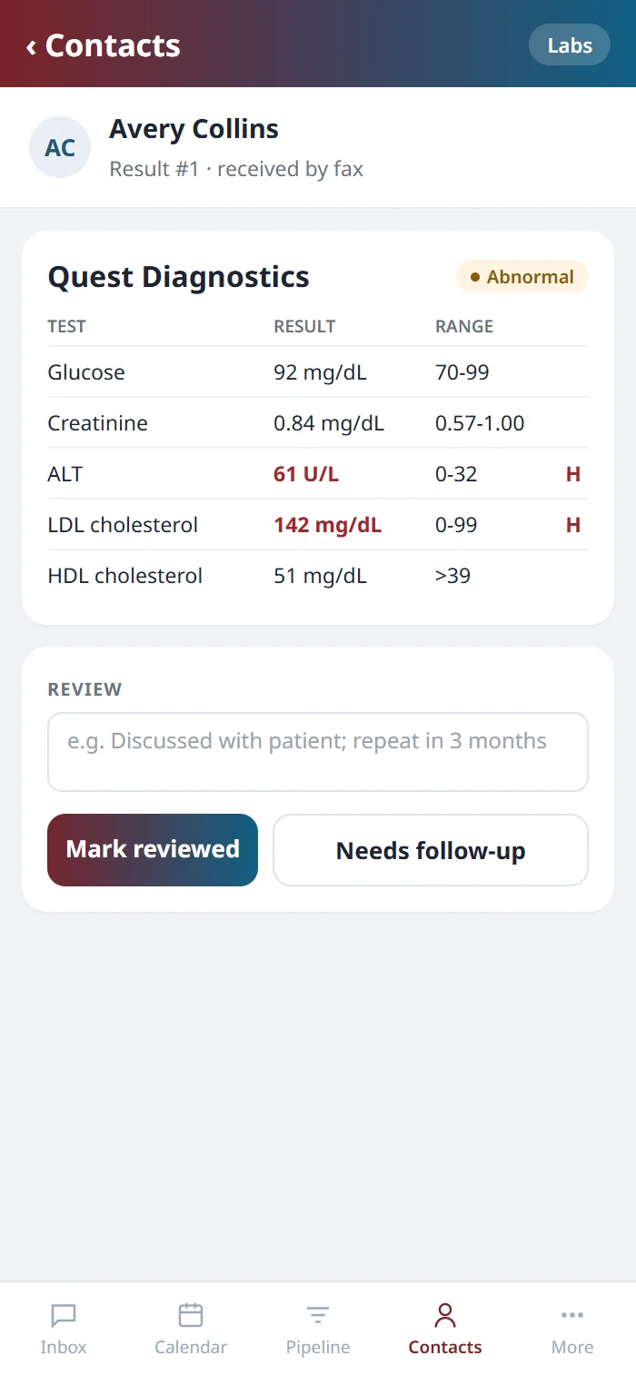A lab result on the Health Hue mobile app, with two high values flagged and the review buttons.