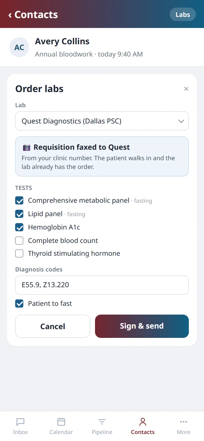 The Order labs sheet on the Health Hue mobile app, with Quest selected, three tests ticked and Sign and send.