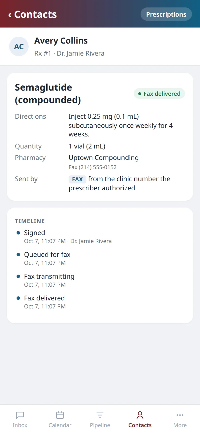 A compounded prescription on the Health Hue mobile app, marked fax delivered, with its timeline.