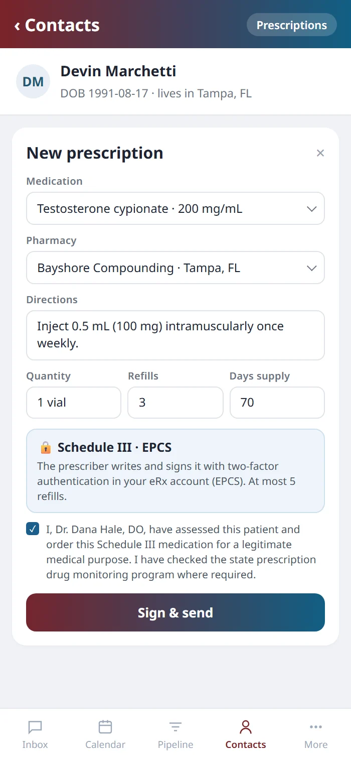 A Schedule III prescription on the Health Hue mobile app set to go as EPCS, with the prescriber&rsquo;s attestation ticked and a Sign & send button.