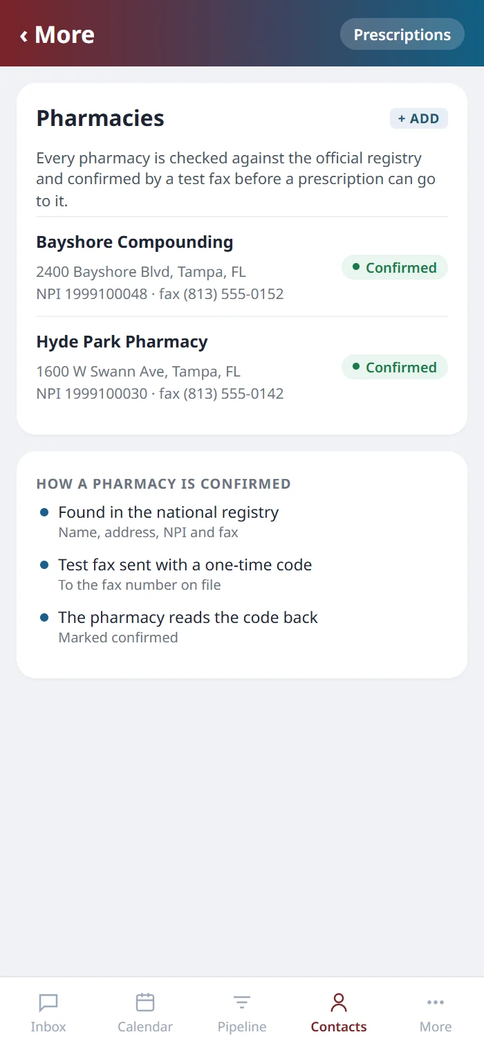 The Pharmacies list on the Health Hue mobile app, with two confirmed pharmacies and the three confirmation steps.