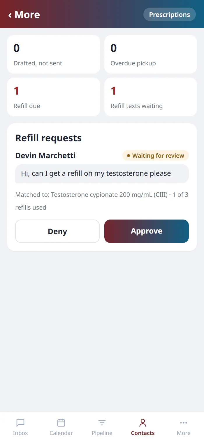 Refill tracking on the Health Hue mobile app: the hand-off tiles and a patient&rsquo;s refill text waiting to be approved or denied.