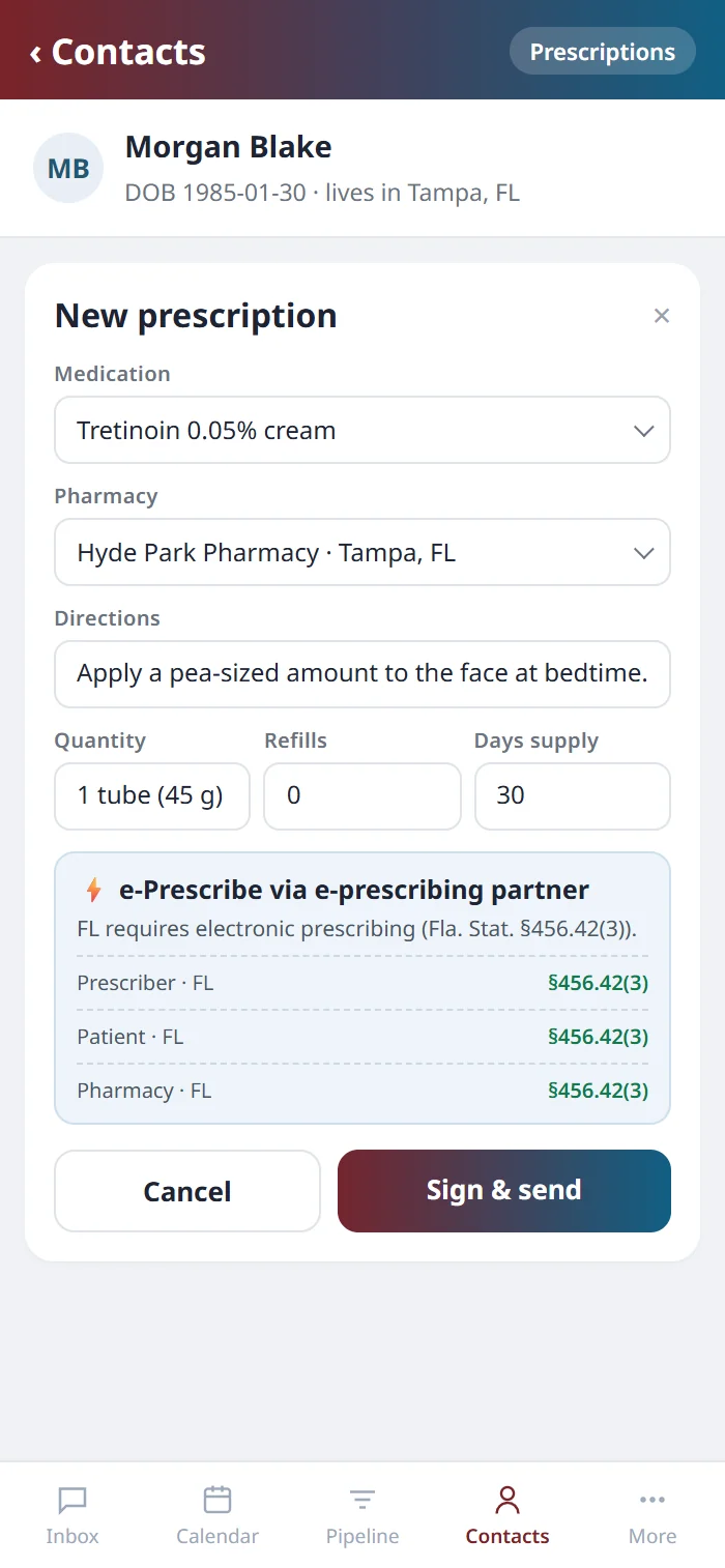 The New prescription sheet on the Health Hue mobile app for a Florida patient, routed to e-prescribing with the Florida rule cited.