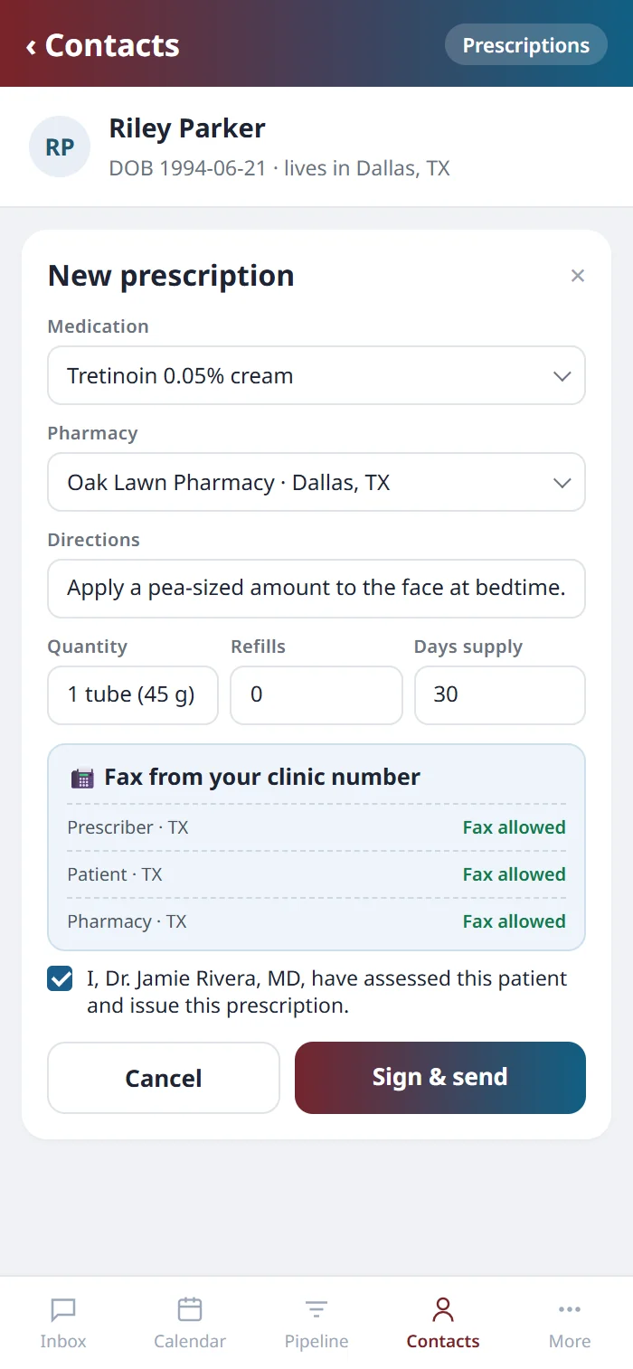 The New prescription sheet on the Health Hue mobile app, with the medication, pharmacy, directions and the fax route.