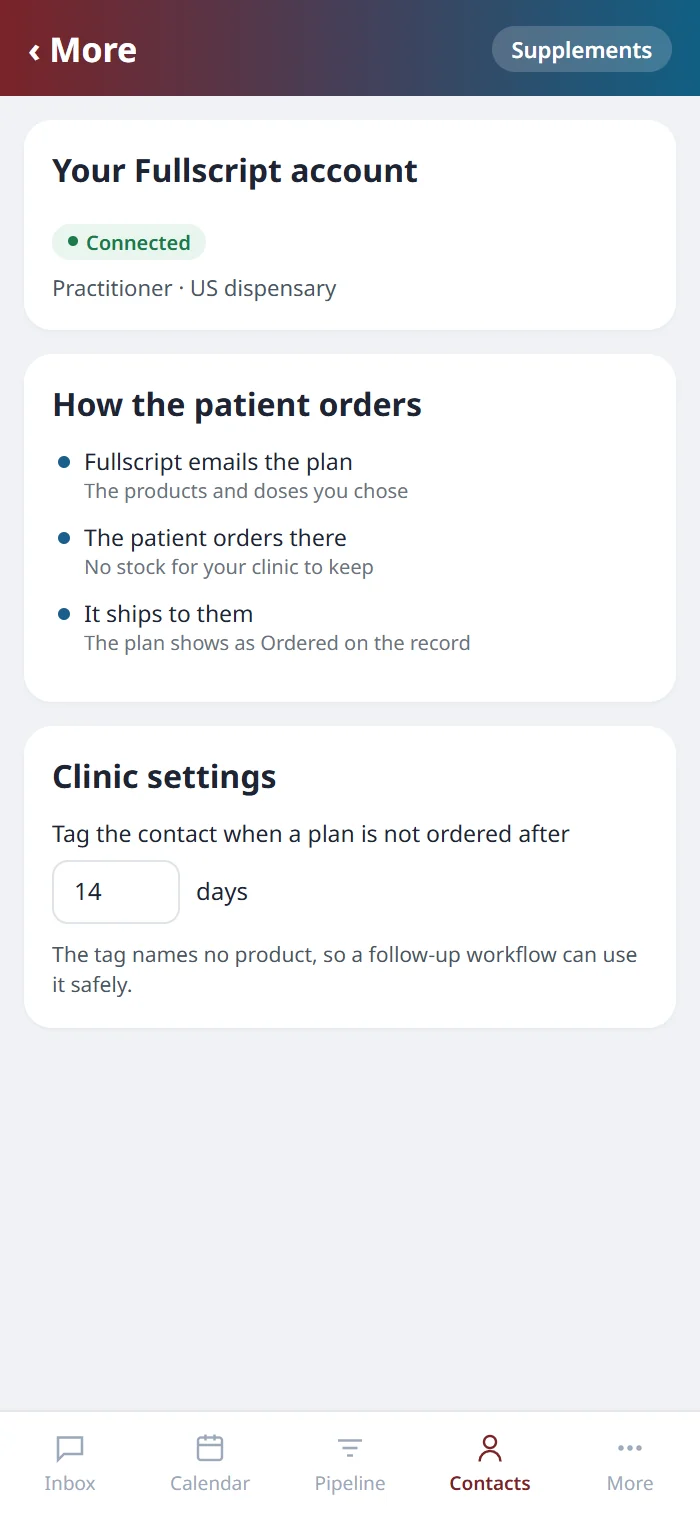 Supplement settings on the Health Hue mobile app: Fullscript connected, how the patient orders, and the not-ordered tag, set here to 14 days.