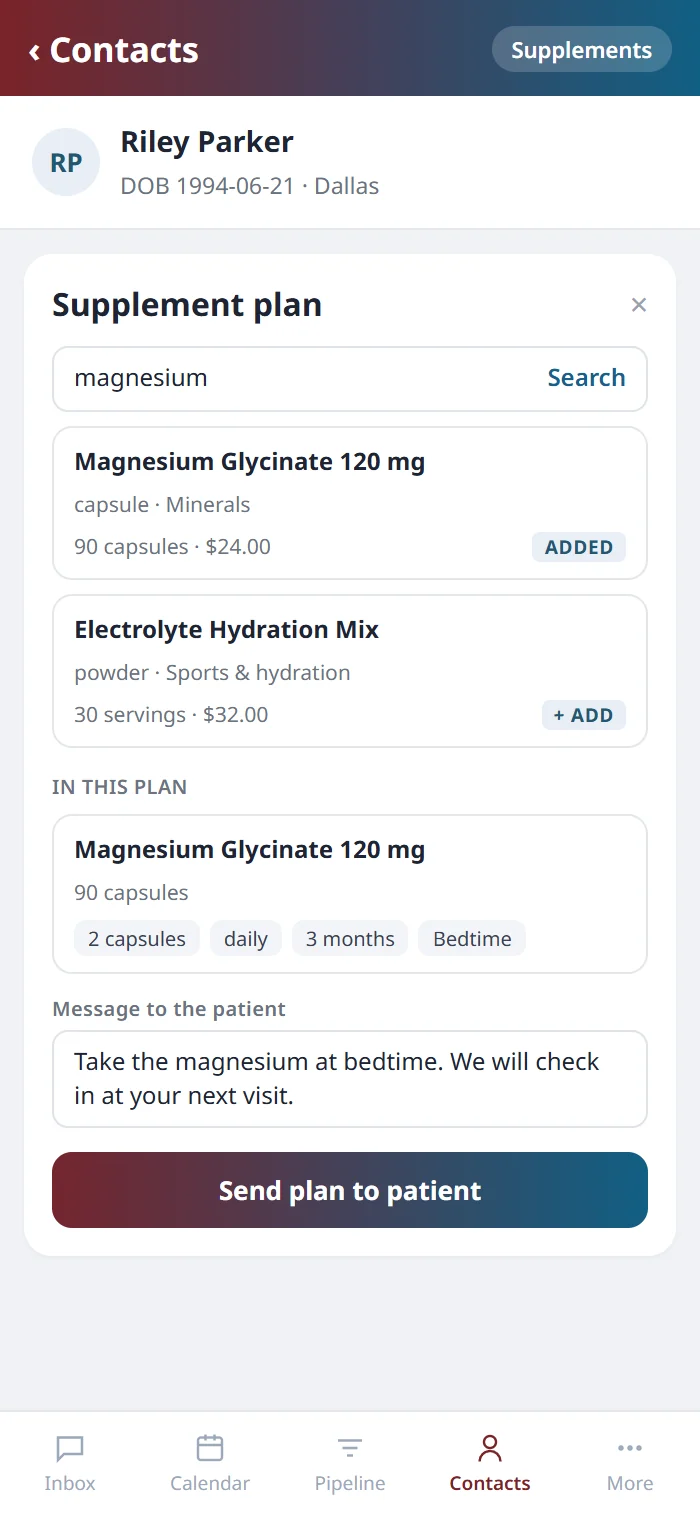 The Supplement plan sheet on the Health Hue mobile app, with a catalogue search, one product added with its dose and a message to the patient.