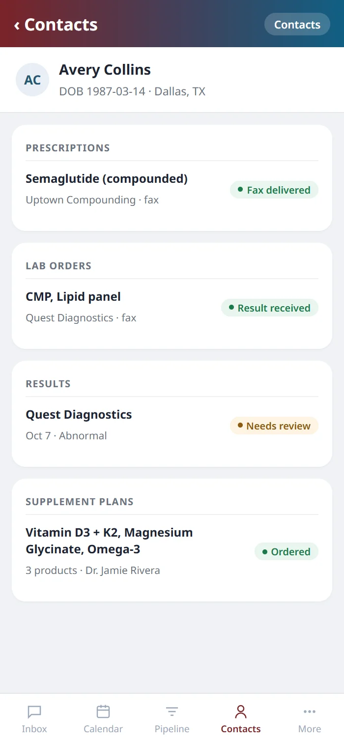 A patient record on the Health Hue mobile app with a prescription, a lab order, a result and a supplement plan marked ordered.