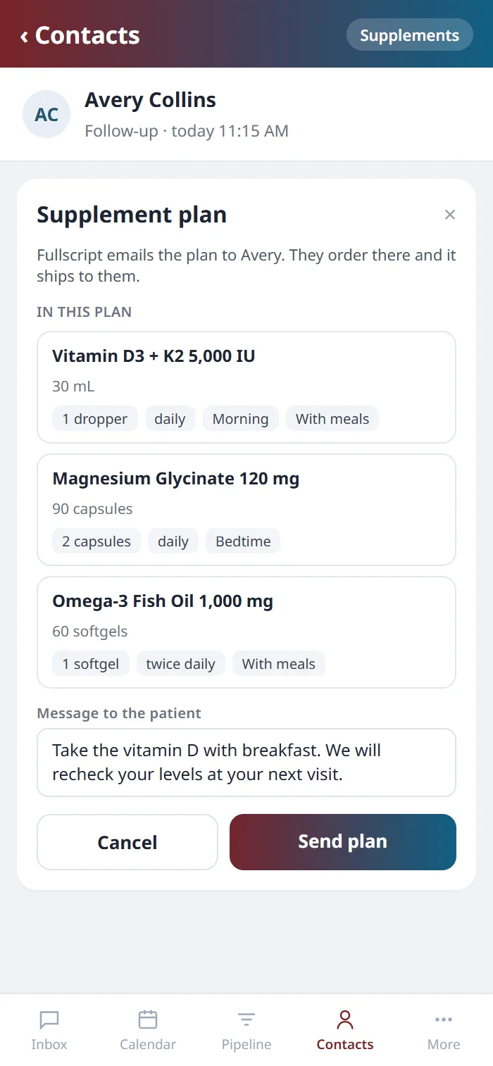 The Supplement plan sheet on the Health Hue mobile app, with three products, their doses and a message to the patient.