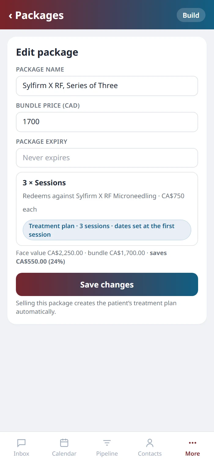 Editing a package on the Health Hue mobile app: Sylfirm X RF, Series of Three at CA$1,700, three sessions with a treatment plan, and the CA$550 saving.