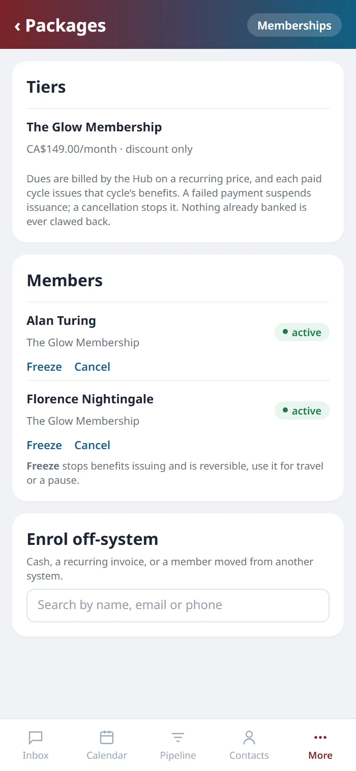 Memberships on the Health Hue mobile app, showing The Glow Membership tier, two active members with Freeze and Cancel, and a search to enrol a member paying off-system.