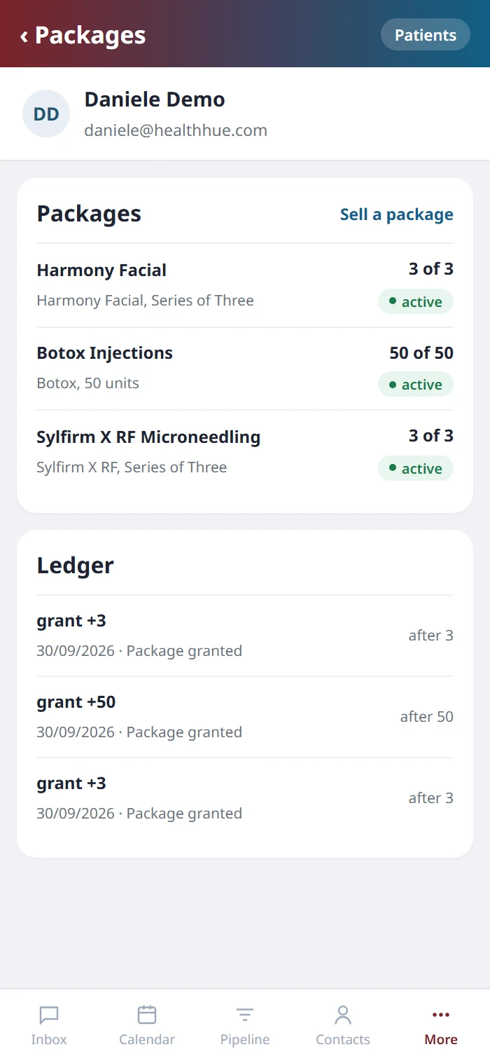 A patient&rsquo;s packages on the Health Hue mobile app: Harmony Facial 3 of 3, Botox 50 of 50 units and Sylfirm X RF 3 of 3, with the ledger below.