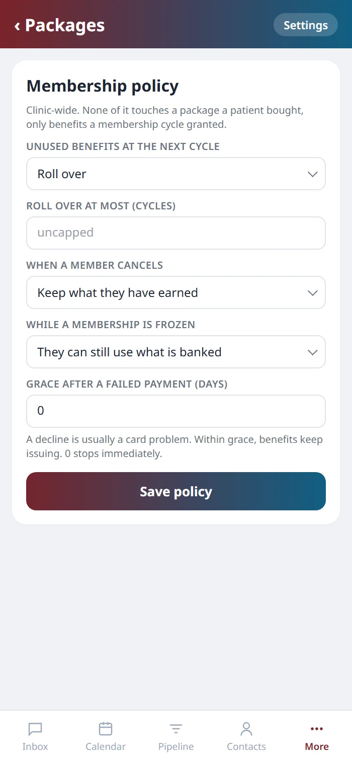 Membership policy on the Health Hue mobile app, with roll over, uncapped rollover, keep what they have earned on cancel, use what is banked while frozen, and a grace period after a failed payment.
