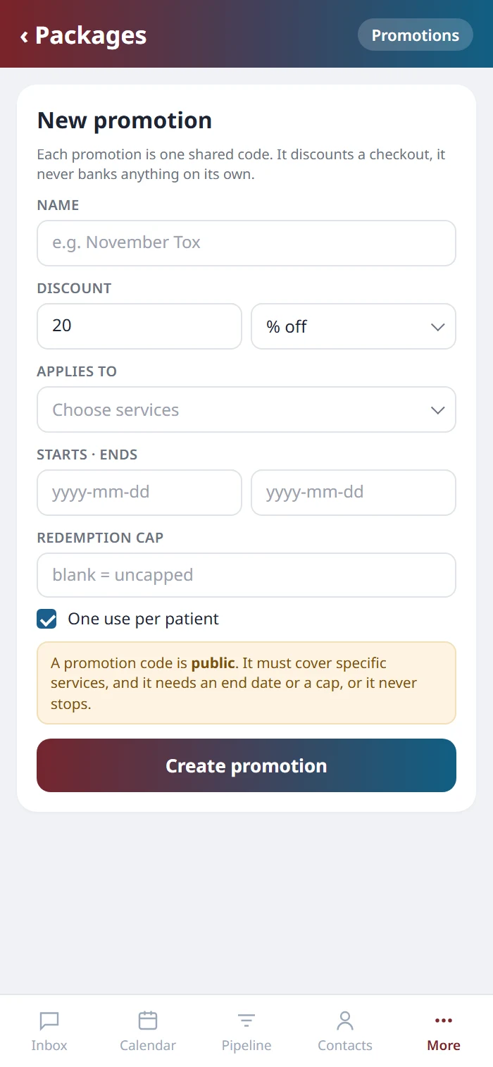 A new promotion on the Health Hue mobile app: 20 percent off chosen services, start and end dates, a redemption cap and one use per patient.