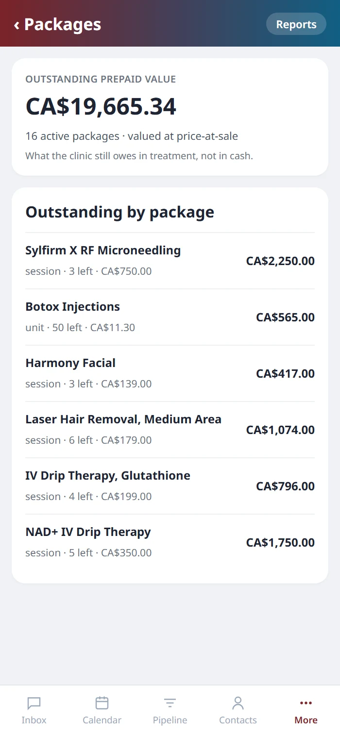 Reports on the Health Hue mobile app: CA$19,665.34 outstanding prepaid value and the amount still owed on each package.