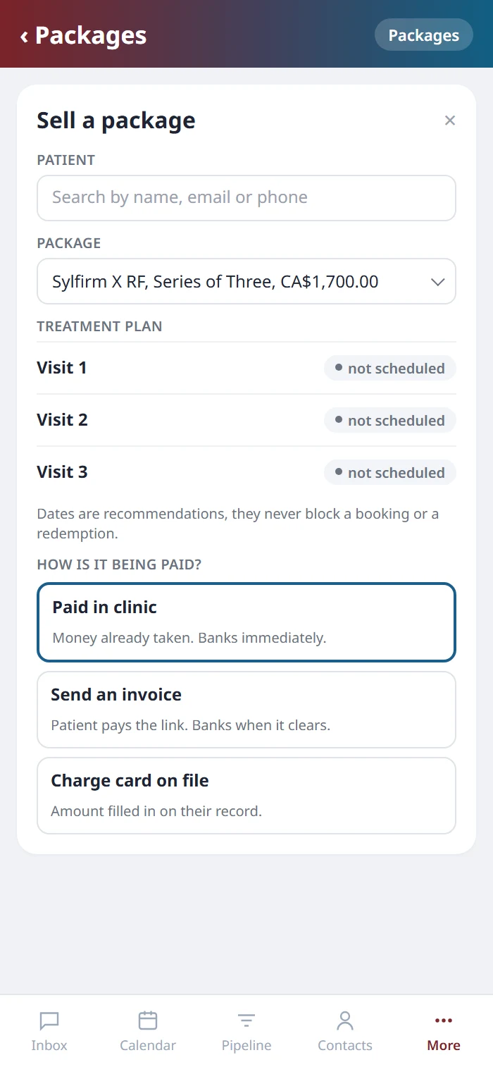 Selling a package on the Health Hue mobile app, with the patient search, the package, three treatment plan visits and the three ways to be paid.