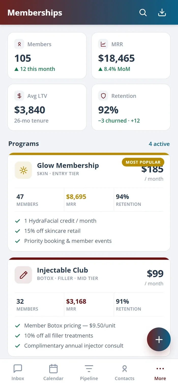The Health Hue Hub memberships view on the mobile app, with active member plans and balances.