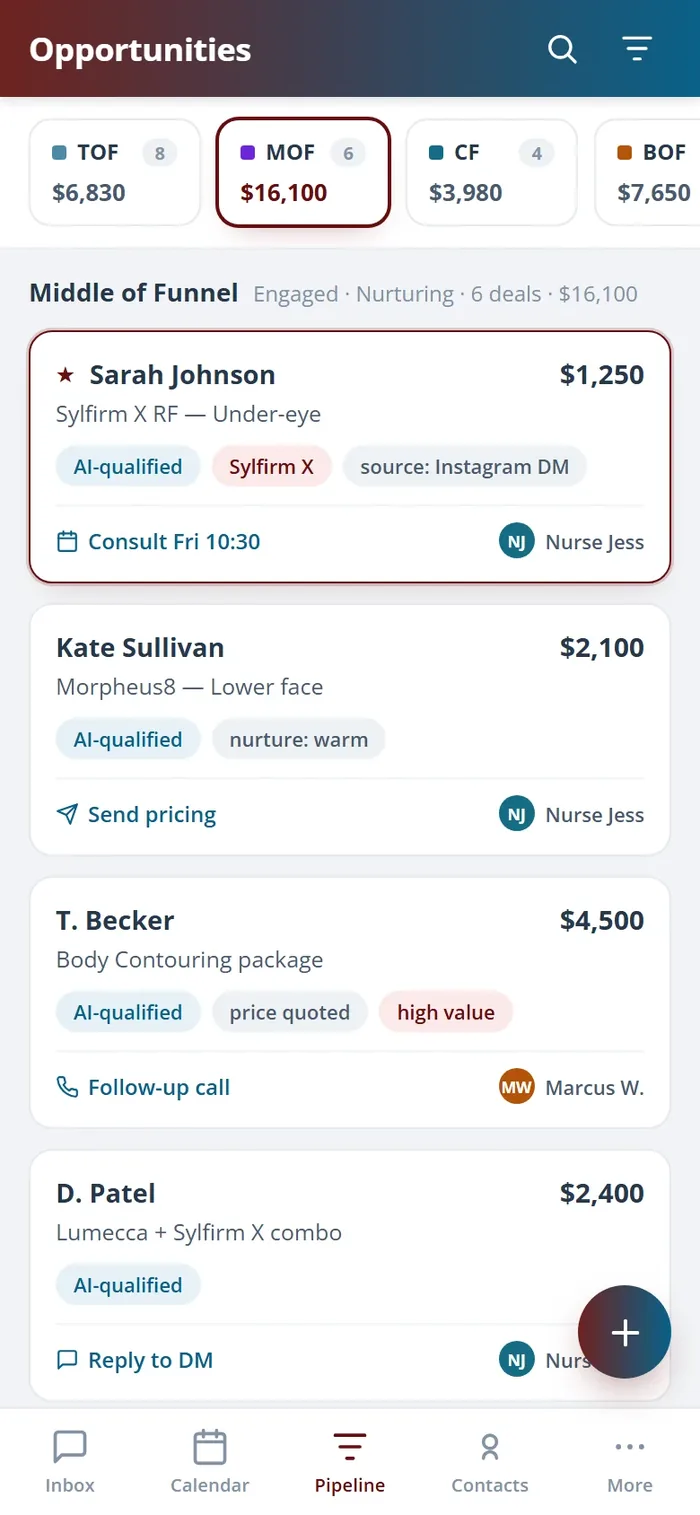 The Health Hue Hub pipeline on the mobile app, showing a lead card and its current stage.