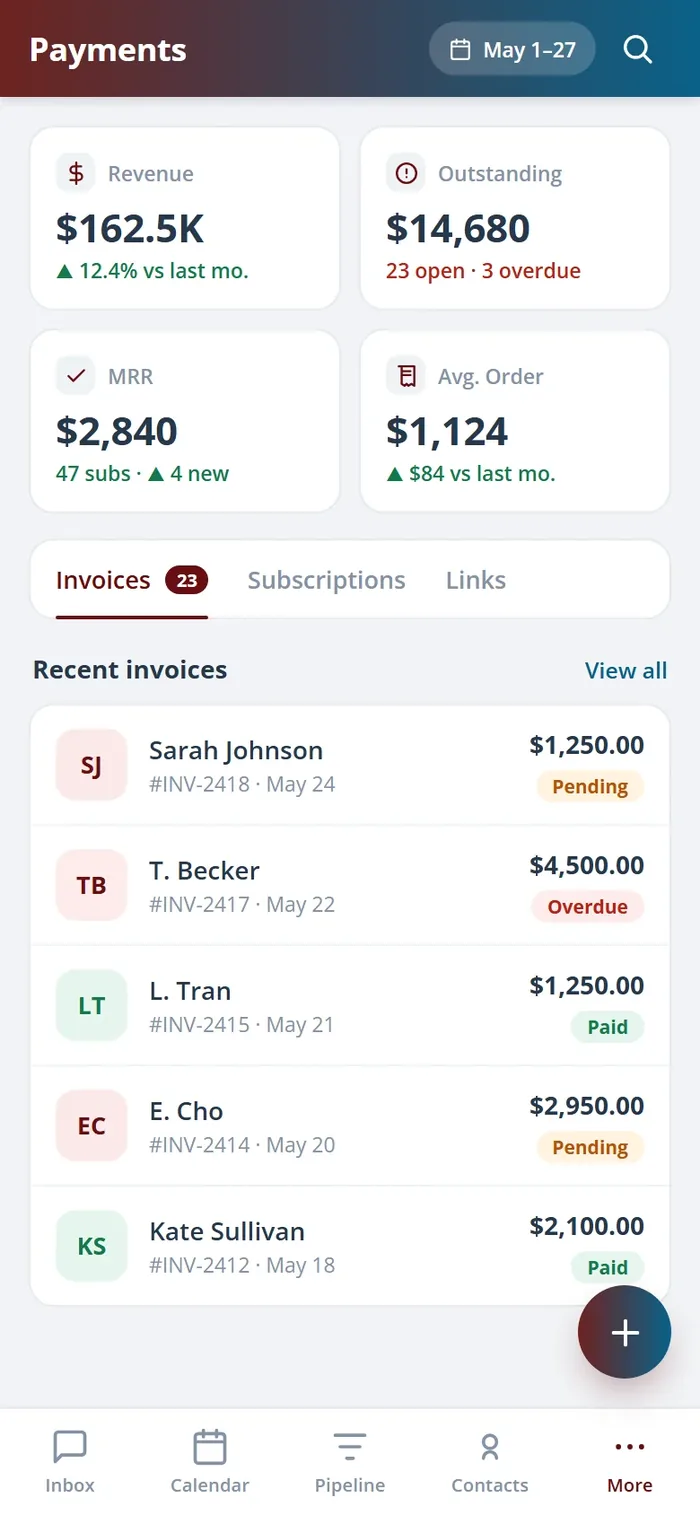 The Health Hue Hub payments view on the mobile app, with a text-to-pay link and the patient&rsquo;s balance.