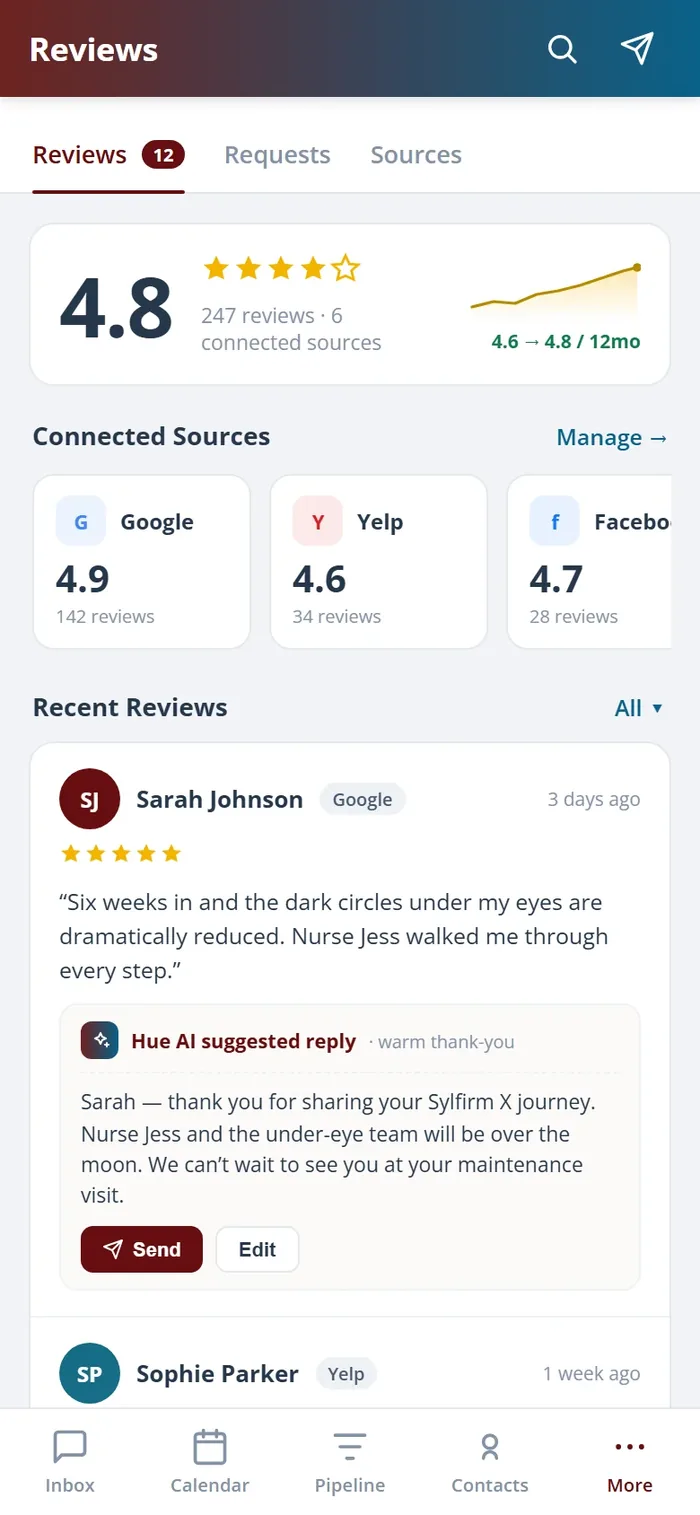 The Health Hue Hub reviews summary on the mobile app, showing the latest star ratings and a request to reply.