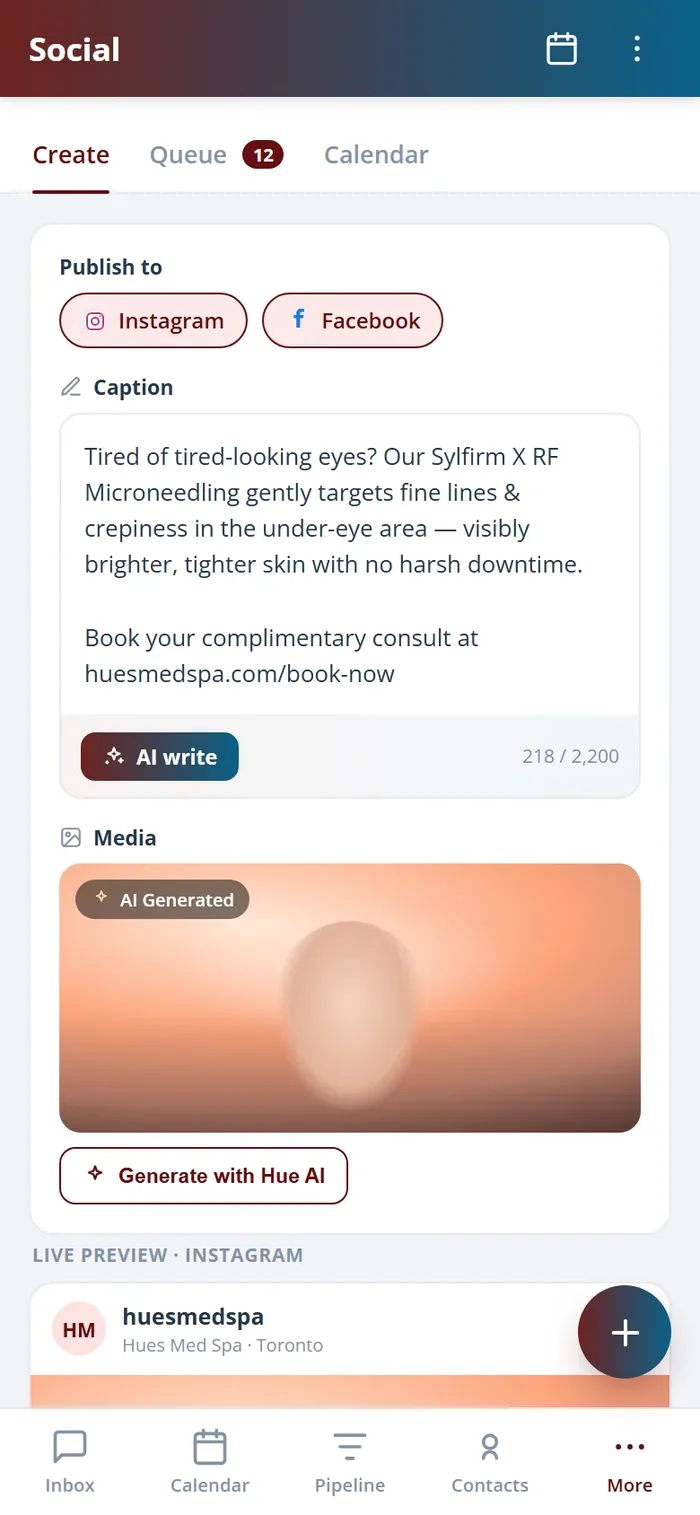 The Health Hue Hub social planner on the mobile app, showing an upcoming scheduled post.