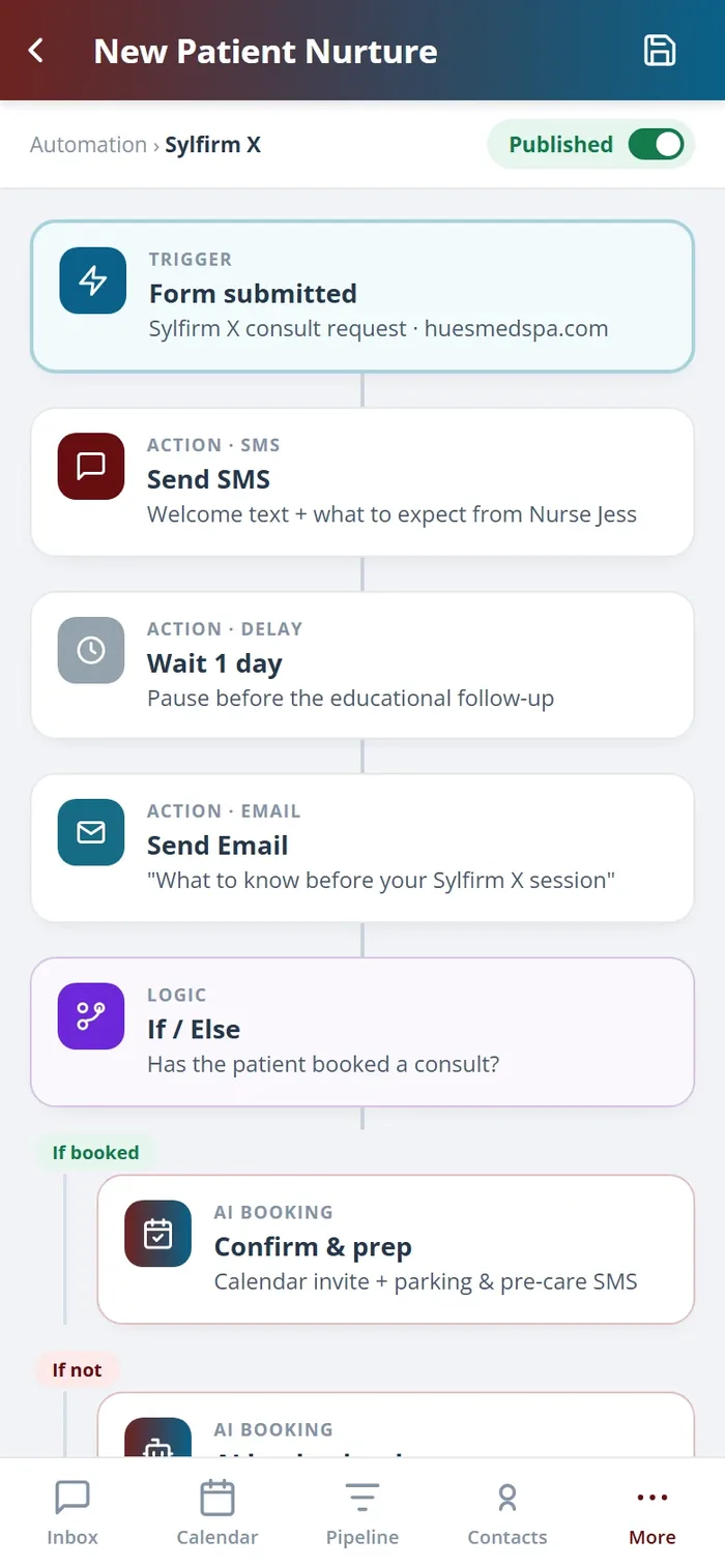 The Health Hue Hub automation builder on the mobile app, showing an active flow and its steps.