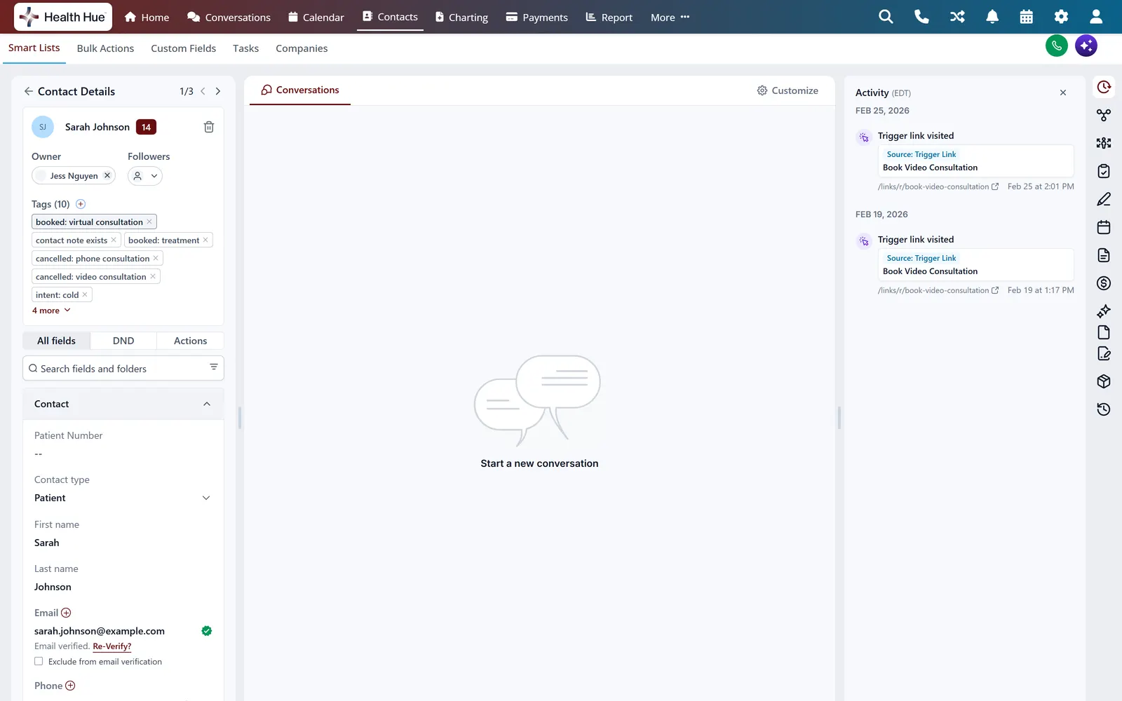 The Health Hue patient profile on a laptop, Sarah Johnson&rsquo;s record with attribution, activity history, and the patient-record modules