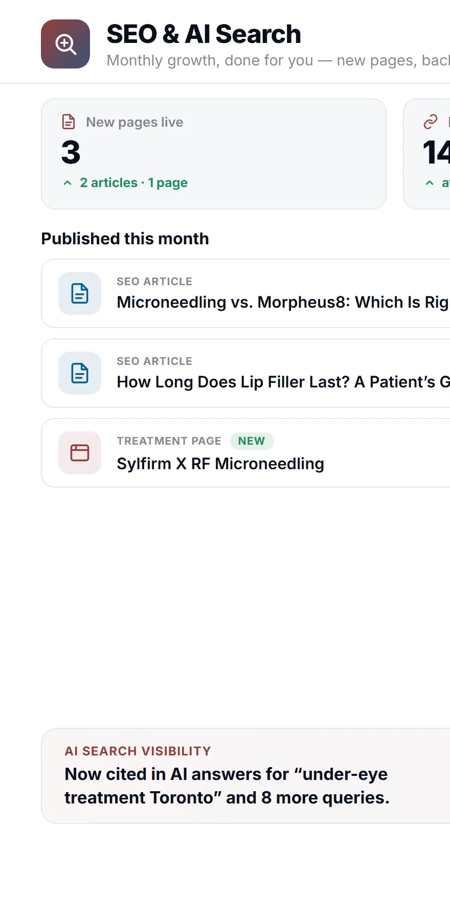 The SEO & AI Search summary in the Health Hue Hub on mobile, showing this month&rsquo;s published pages and AI citations.