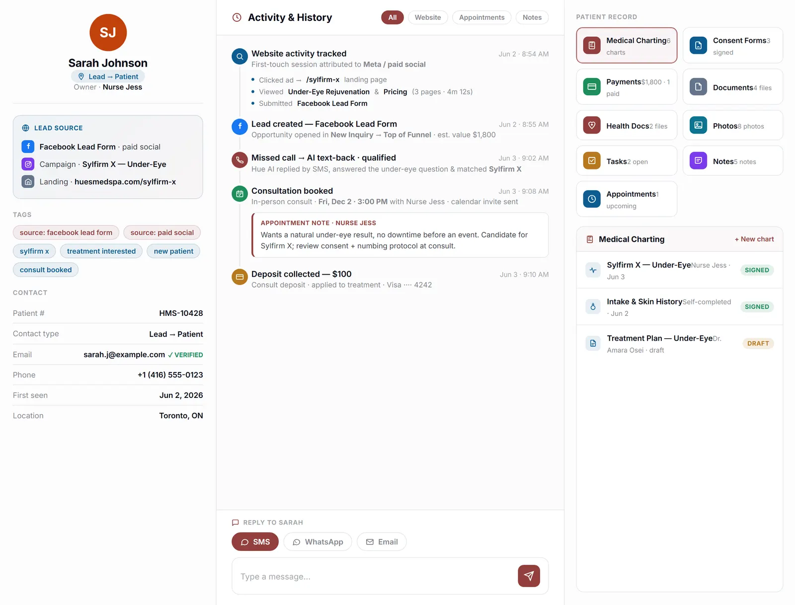 A patient record in the Health Hue Hub on a laptop, showing contact details, tags, and a full activity history in one view.